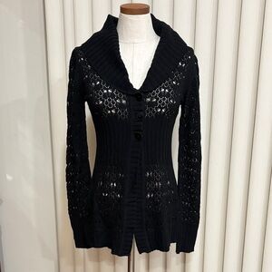 NWT Charlotte Tarantola Black Shawl Collar Button-Up Knit Cardigan 3 button Med